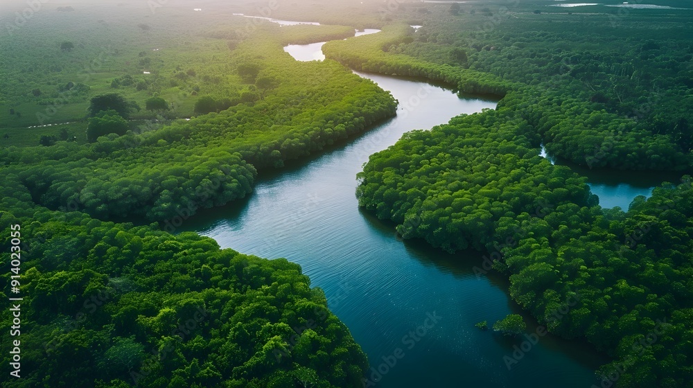 Aerial View of Lush Green Jungle River Winding Through Untouched Tropical Wilderness Aerial View of Lush Green Jungle River Winding Through Untouched Tropical Wilderness
