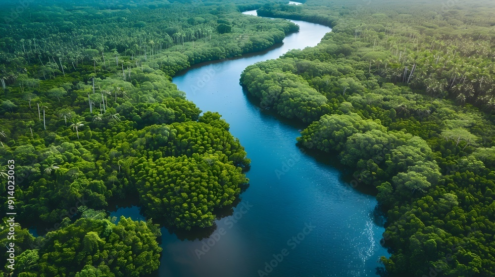 Aerial View of Lush Green Forest with Serene Winding River Aerial View of Lush Green Forest with Serene Winding River