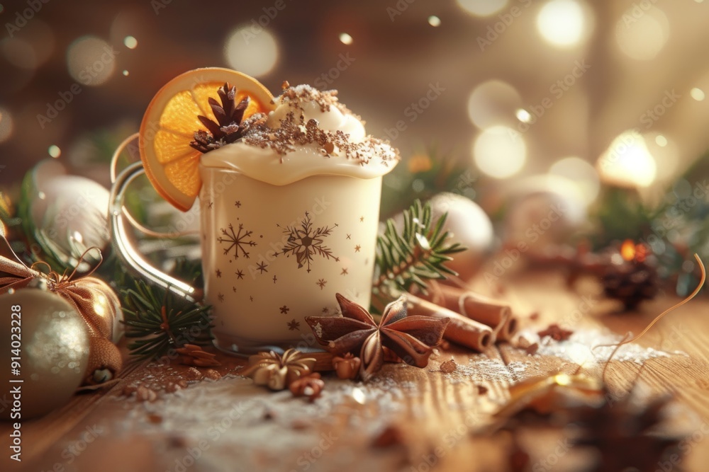 A whimsical illustration of a joyful holiday scene, featuring egg nog as the star of the show. The image is filled with festive elements, warm colors, and a cozy atmosphere. A whimsical illustration of a joyful holiday scene, featuring egg nog as the star of the show. The image is filled with festive elements, warm colors, and a cozy atmosphere.
