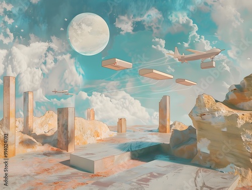 Surreal Dreamscape with Levitating Packages and Ethereal Delivery Drones in Pastel Tones