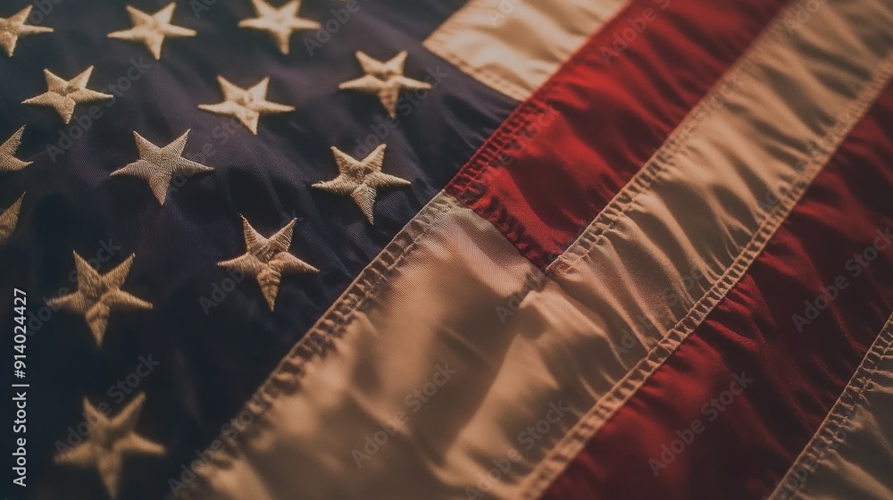 A detailed close-up of the American flag, with the focus on the stars and stripes, captured in a gentle breeze, symbolizing the pride, freedom, and heritage of the nation, with a blurred background A detailed close-up of the American flag, with the focus on the stars and stripes, captured in a gentle breeze, symbolizing the pride, freedom, and heritage of the nation, with a blurred background