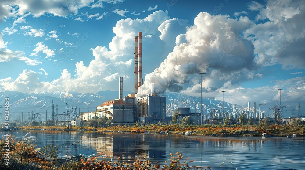 Obraz premium Industrial Power Plant with Smoke and Mountains