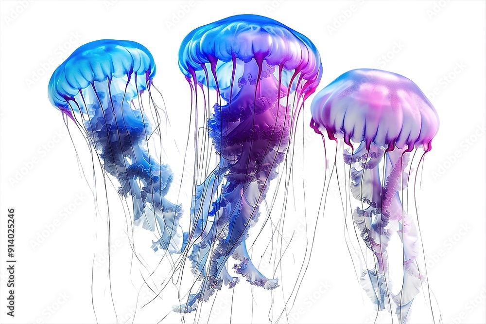 purple set of jellyfish on an isolated white background, watercolor illustration, hand drawing purple set of jellyfish on an isolated white background, watercolor illustration, hand drawing