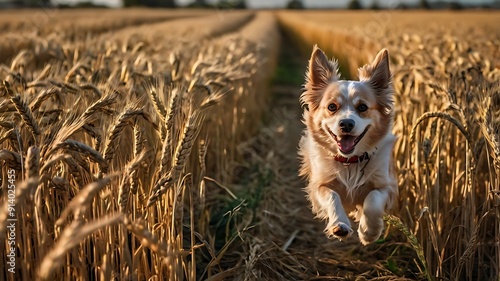 Joyful Dog Running Through Golden Wheat Fields in Autumn Sunshine