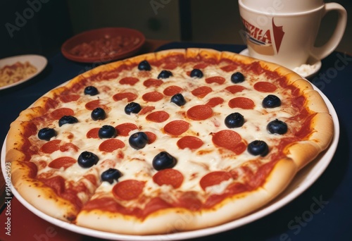 Wallpaper Mural 35mm film photography, supreme pizza, high detail, navy blue, cherry red and soft cream color scheme, golden hour glow Torontodigital.ca