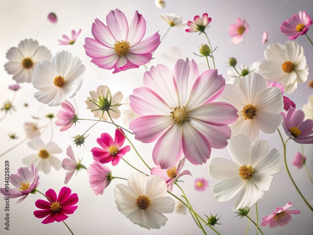 Delicate pink and white Cosmos flower petals scattered freely, frozen in mid-air, on a clean white background, conveying a sense of gentle, effortless beauty. Delicate pink and white Cosmos flower petals scattered freely, frozen in mid-air, on a clean white background, conveying a sense of gentle, effortless beauty.