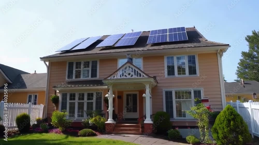 A bright house with solar panels surrounded by green landscaping A bright house with solar panels surrounded by green landscaping
