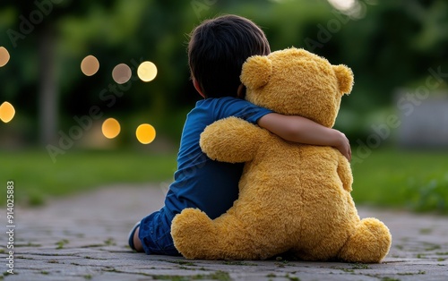 A child embraces a fluffy teddy bear, capturing innocence and warmth in a serene outdoor setting with soft bokeh lights. photo