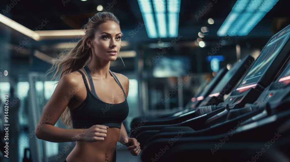 Woman Running on Treadmill in Gym Woman Running on Treadmill in Gym