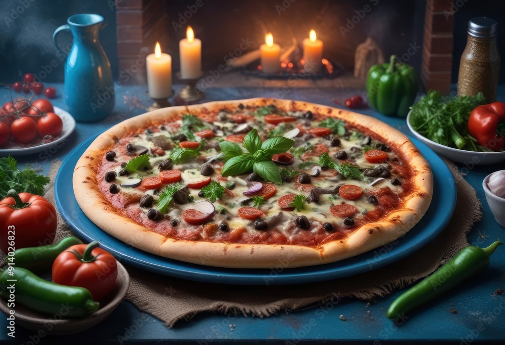 dark and mysterious, A supreme pizza presented on a colorful plate, with toppings like green peppers, onions, and pepperoni, garnished with fresh parsley, against a backdrop of a festive kitchen, ai dark and mysterious, A supreme pizza presented on a colorful plate, with toppings like green peppers, onions, and pepperoni, garnished with fresh parsley, against a backdrop of a festive kitchen, ai