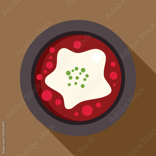 Delicious traditional ukrainian borscht soup with sour cream and herbs on brown background