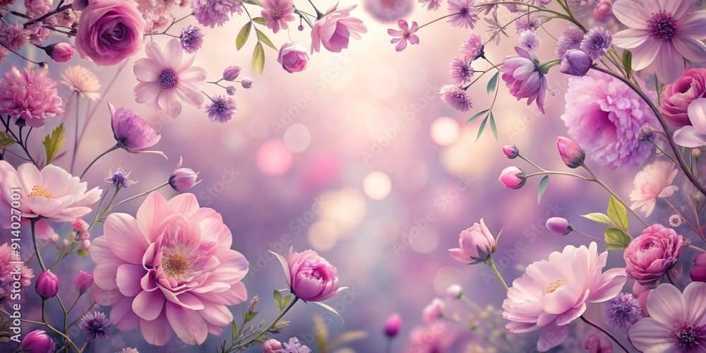 Fototapeta premium Delicate pink and violet flowers surround a vacant space, softly brushing against theedges, evoking a sense of whimsical elegance and romantic femininity in a dreamy atmosphere.