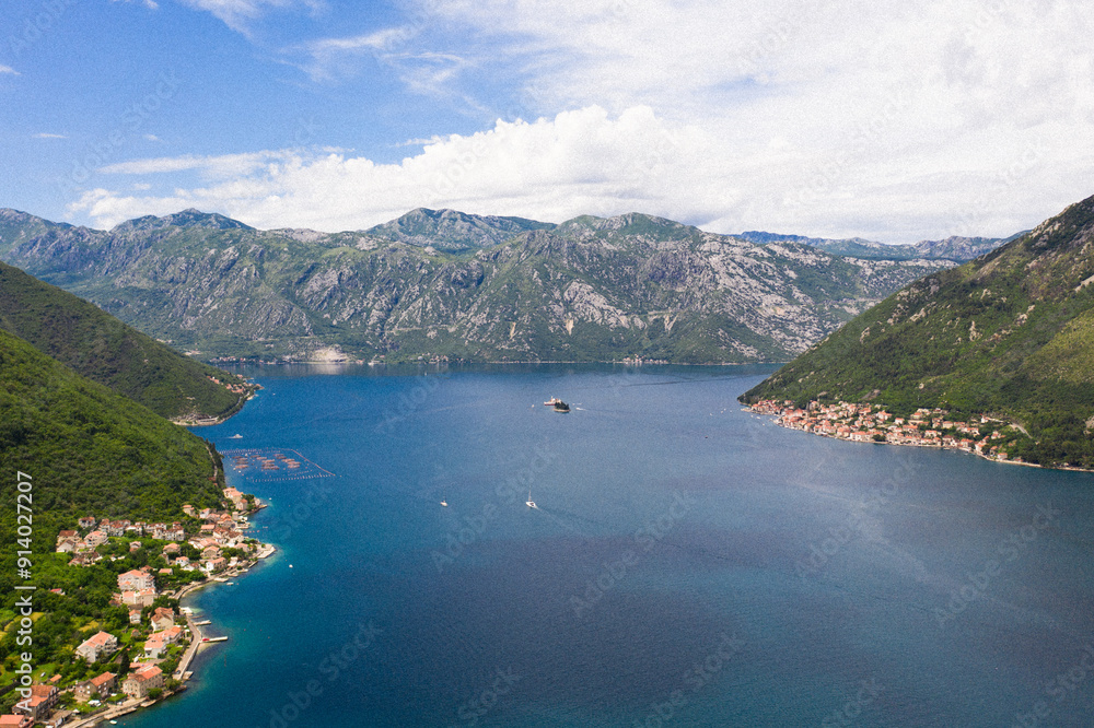 Aerial view of the Bay of Kotor, Montenegro. We are flying by the sea bay. Aerial view of the Bay of Kotor, Montenegro. We are flying by the sea bay.