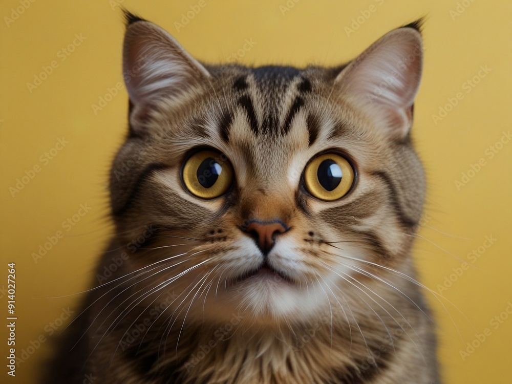 Young crazy surprised cat make big eyes closeup on yellow background Young crazy surprised cat make big eyes closeup on yellow background