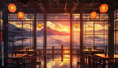 A Japanese restaurant with large windows overlooking a sea of clouds