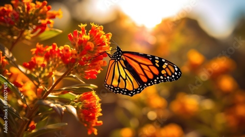 Monarch Butterfly on Flower with Warm Sunlight