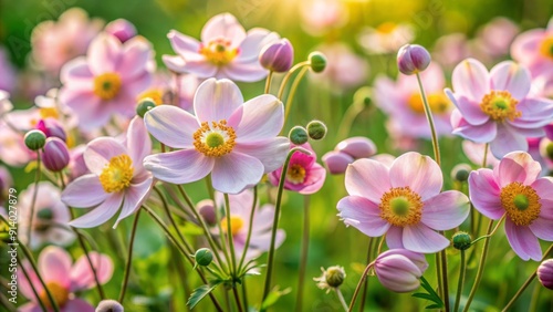 Delicate pink Japanese anemone blooms, Anemone hybrida Koenigin Charlotte, with soft petals and golden centers, sway gently in a lush green meadow landscape banner. photo