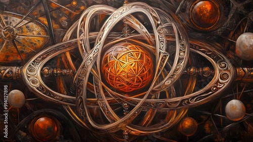 Artistic balls with interlocking patterns in golden spheres. It has a sun and moon pattern. Complete with textured lighting and circular art.