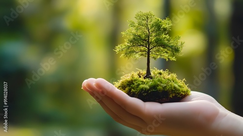 Hand Holding Miniature Forest with Environmental Focus