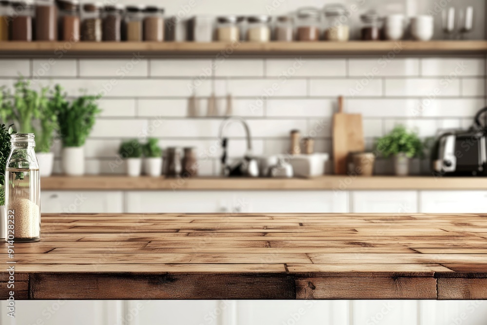 Kitchen counter with empty wooden board and blur modern kitchen interior background. Food and drink product podium stand tabletop with generative ai Kitchen counter with empty wooden board and blur modern kitchen interior background. Food and drink product podium stand tabletop with generative ai