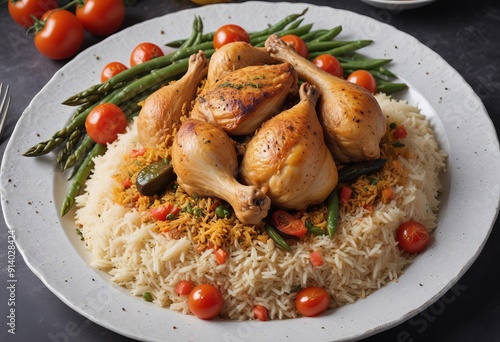 chicken with rice and vegetables close-up