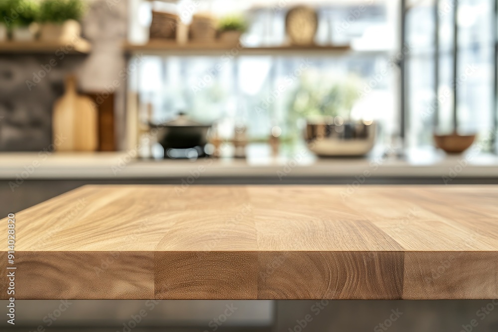 Kitchen counter with empty wooden board and blur modern kitchen interior background. Food and drink product podium stand tabletop with generative ai Kitchen counter with empty wooden board and blur modern kitchen interior background. Food and drink product podium stand tabletop with generative ai