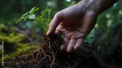 Earthy Hand with Lush Roots Symbolizing Nature's Rejuvenation