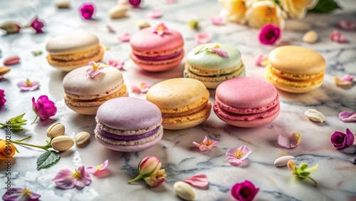 Colorful macarons adorned with delicate flower petals sit atop a sleek marble surface, surrounded by soft pastel hues and gentle, natural lighting. photo