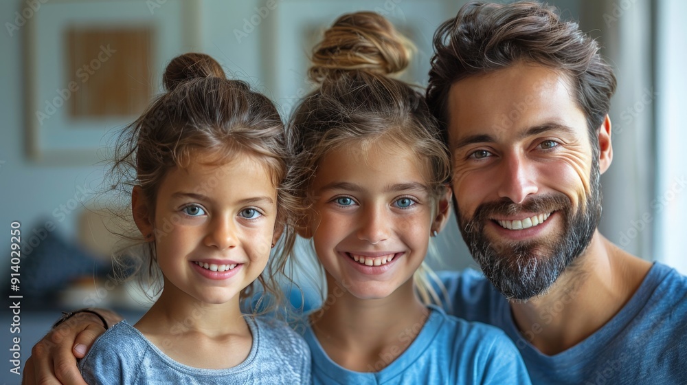 Portrait of a happy father with blue eyes posing hugging cheerfully with his two daughters. Portrait of a happy father with blue eyes posing hugging cheerfully with his two daughters.