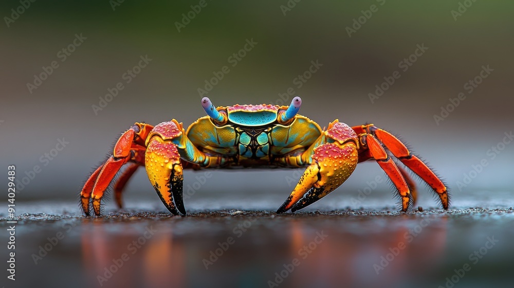 Detailed shot of a coconut crab with its claws and legs spread wide, highlighting the intricate patterns and colors of its shell. The crab is set against a clean, Detailed shot of a coconut crab with its claws and legs spread wide, highlighting the intricate patterns and colors of its shell. The crab is set against a clean,