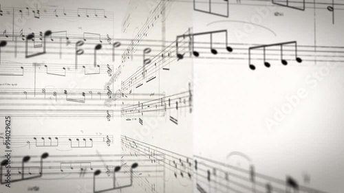 Three-dimensional representation sheet music with musical works, flying animation in front of a white background, song from artists, concept writing music, background for music related content