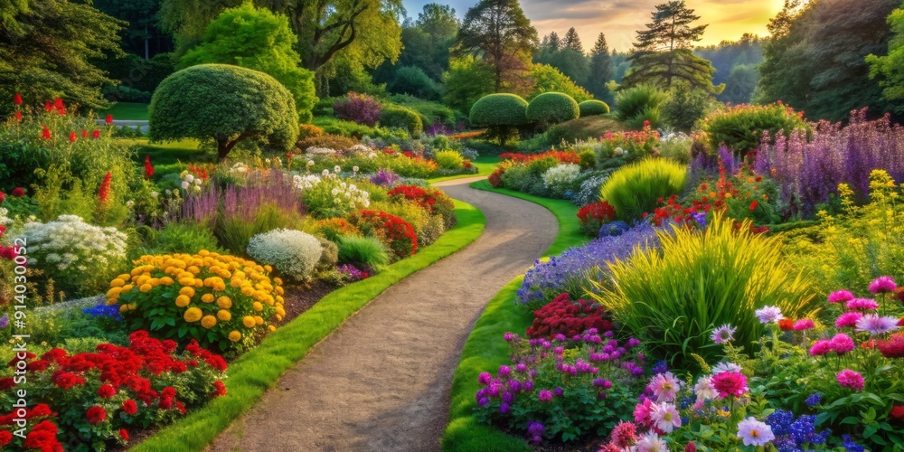 Vibrant colorful flowers bloom alongside a winding path covered in lush green grass, leading viewers through a serene and picturesque garden scene. Vibrant colorful flowers bloom alongside a winding path covered in lush green grass, leading viewers through a serene and picturesque garden scene.