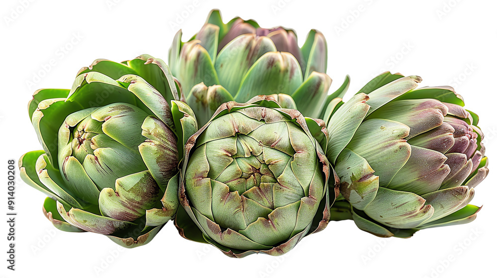 Obraz premium Fresh artichokes showcasing their unique shapes and colors, perfect for culinary or botanical themes, isolated on transparent background.