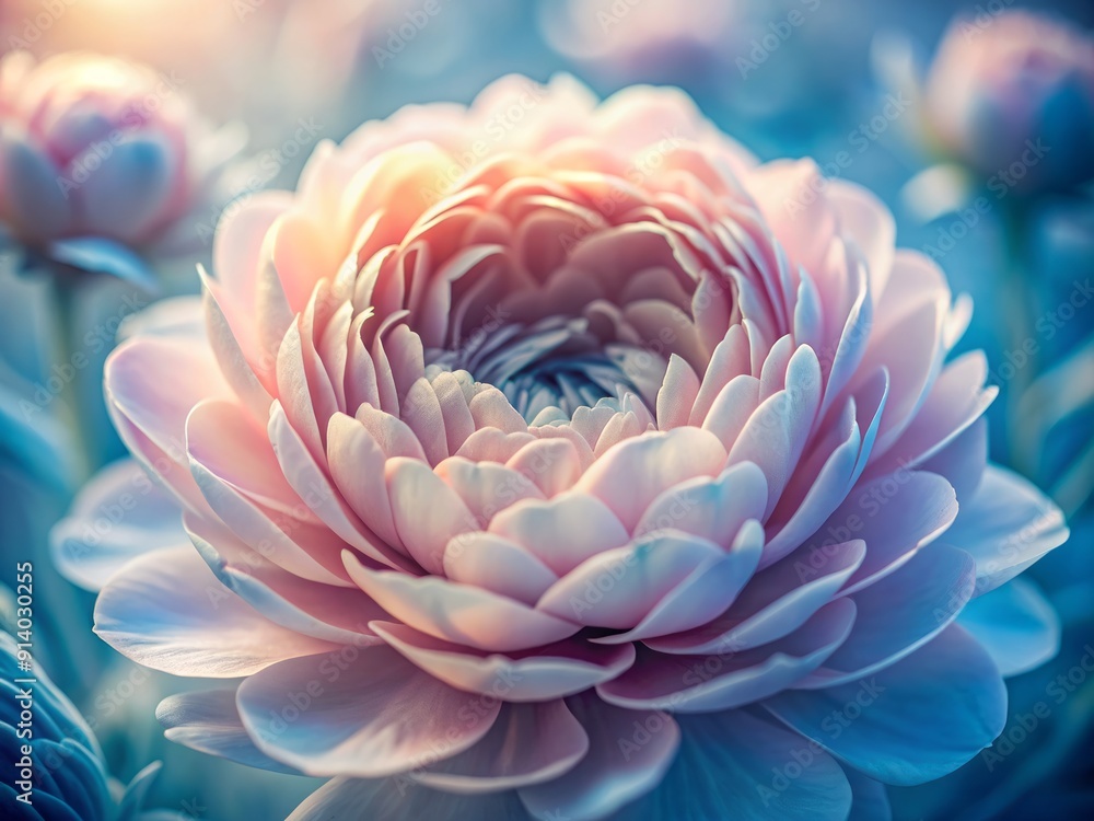 Exquisite macro capture of soft, rose-hued flower petals delicately unfolding, showcasing intricate textures and subtle azure blue undertones in a serene, dreamlike atmosphere. Exquisite macro capture of soft, rose-hued flower petals delicately unfolding, showcasing intricate textures and subtle azure blue undertones in a serene, dreamlike atmosphere.