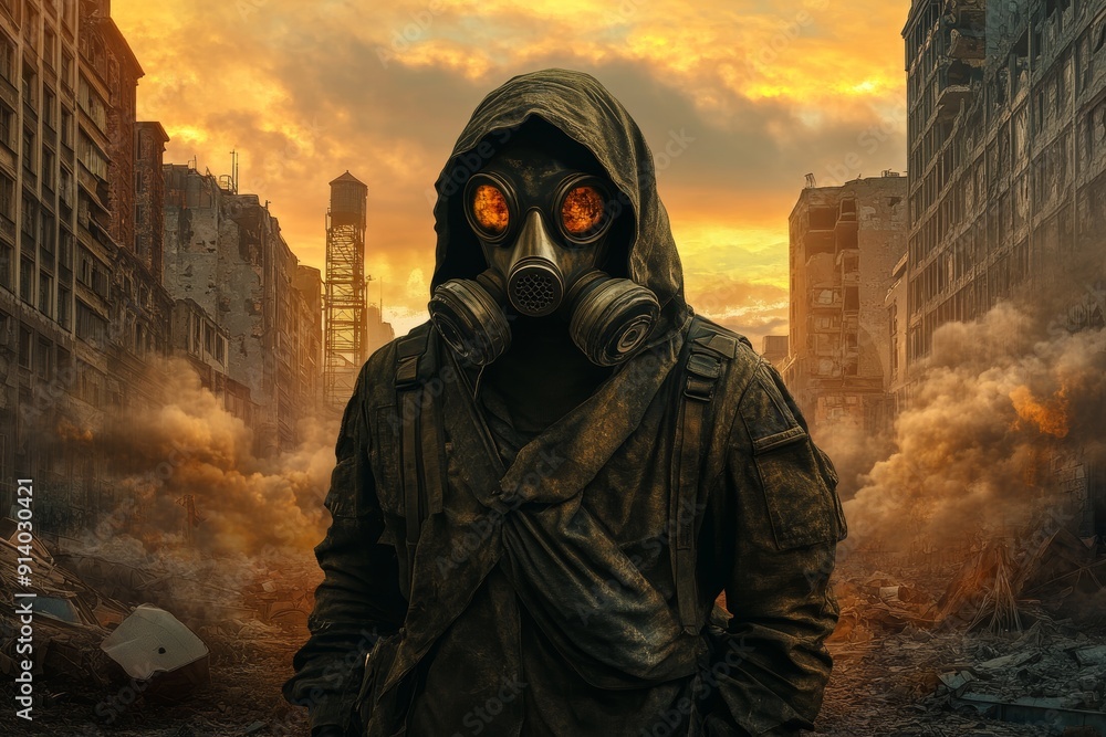 The ruins are occupied by a man dressed in a chemical protection suit The ruins are occupied by a man dressed in a chemical protection suit