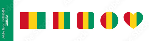 Guinea flag icon set. Guinean flag sign in round and square set. Flag of Guinea in heart and circle