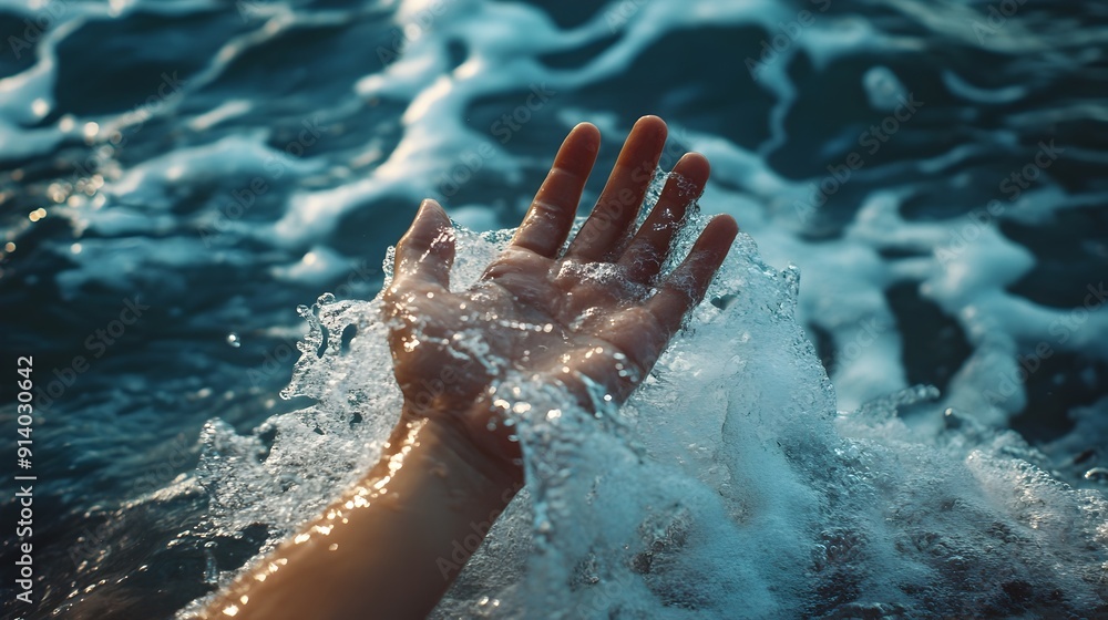 Fototapeta premium Aquatic Hand Emerging from Ocean Waves Symbolizing Connection with Nature