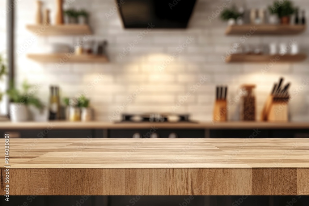 Kitchen counter with empty wooden board and blur modern kitchen interior background. Food and drink product podium stand tabletop with generative ai Kitchen counter with empty wooden board and blur modern kitchen interior background. Food and drink product podium stand tabletop with generative ai
