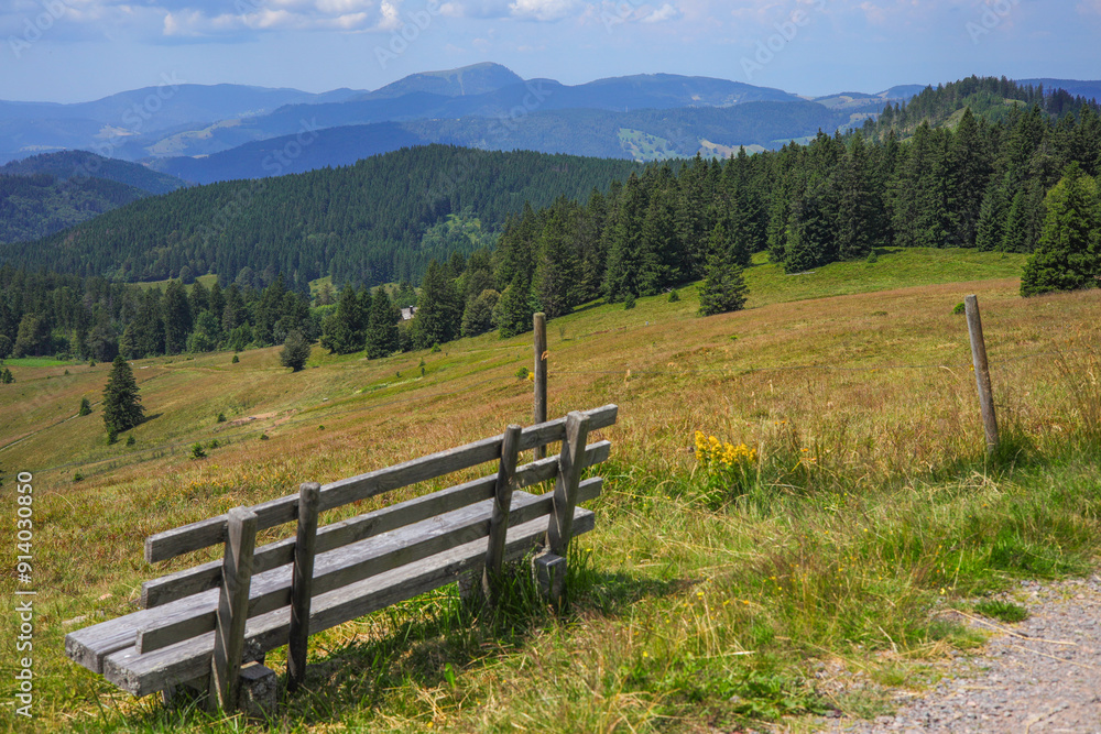 A viewpoint with a bench along the Herzogenhorn ascent with a view to Bernau in the Black Forest - Germany A viewpoint with a bench along the Herzogenhorn ascent with a view to Bernau in the Black Forest - Germany