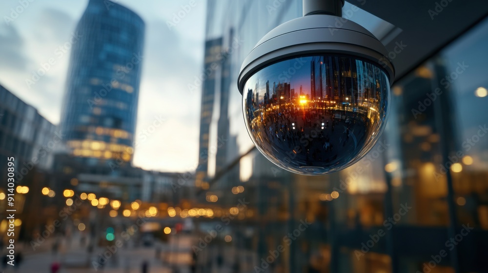 Dome surveillance camera installed at the edge of a commercial building ...