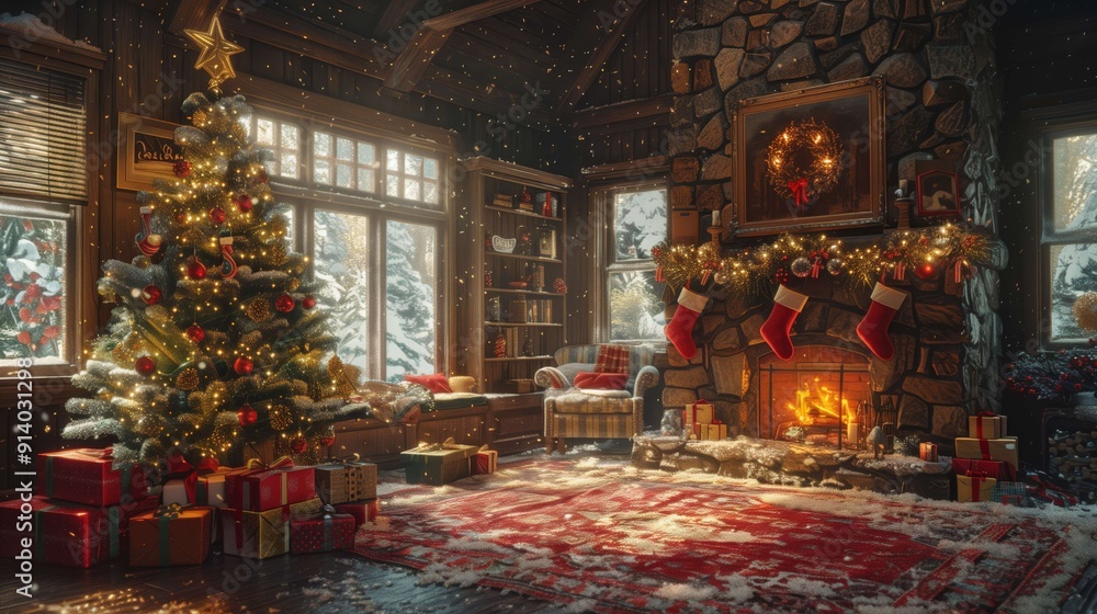 Warm and inviting living room with a decorated christmas tree and a fireplace burning brightly, creating a magical holiday atmosphere Warm and inviting living room with a decorated christmas tree and a fireplace burning brightly, creating a magical holiday atmosphere