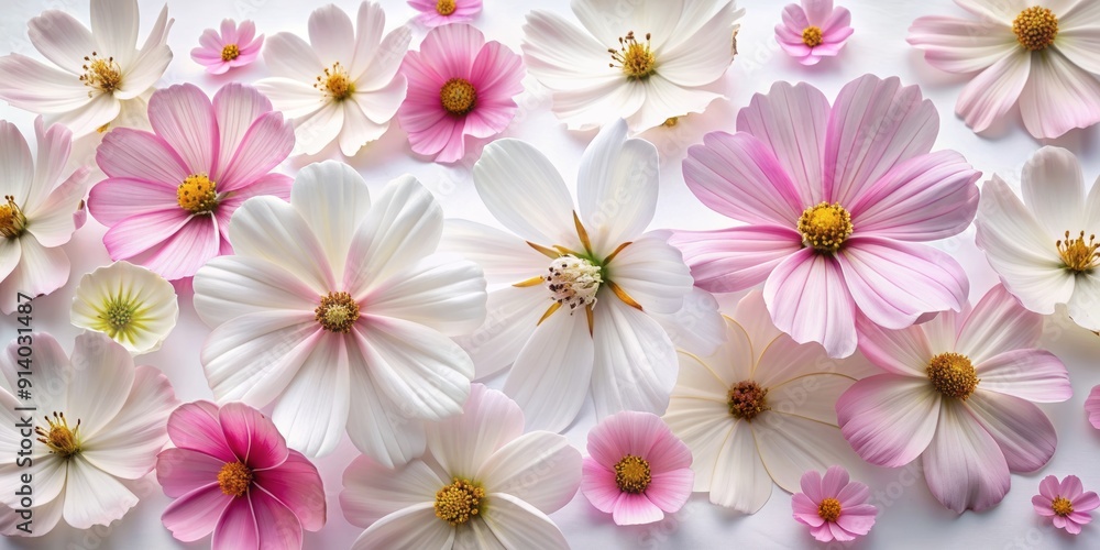 Delicate pink and white Cosmos flower petals scatter elegantly on a clean white background, showcasing their intricate details and gentle, ethereal beauty. Delicate pink and white Cosmos flower petals scatter elegantly on a clean white background, showcasing their intricate details and gentle, ethereal beauty.