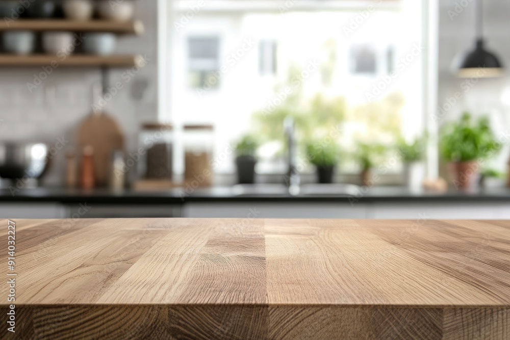 Kitchen counter with empty wooden board and blur modern kitchen interior background. Food and drink product podium stand tabletop with generative ai Kitchen counter with empty wooden board and blur modern kitchen interior background. Food and drink product podium stand tabletop with generative ai