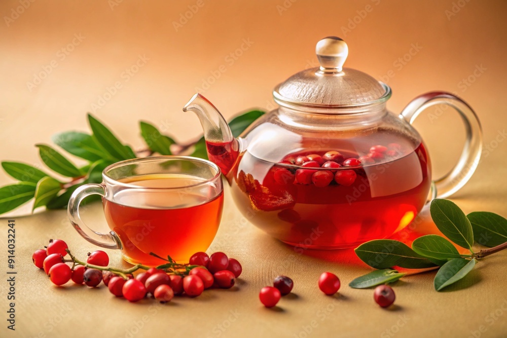 Glass teapot with fruit tea and glass cup. Red berries Glass teapot with fruit tea and glass cup. Red berries