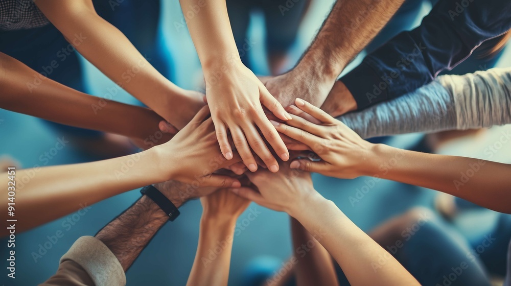 Diverse business team joins hands in unity, supporting each other in office setting. Collaboration, trust, and togetherness lead to success Diverse business team joins hands in unity, supporting each other in office setting. Collaboration, trust, and togetherness lead to success