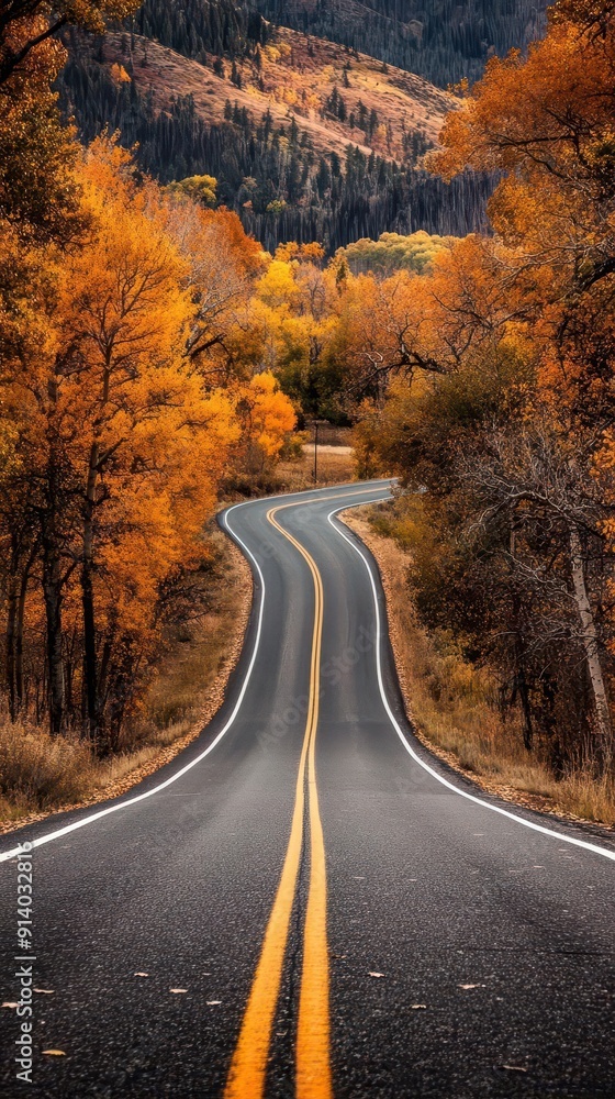 Fototapeta premium Fall road trip ideas, vibrant colors, scenic routes, dynamic action, inviting