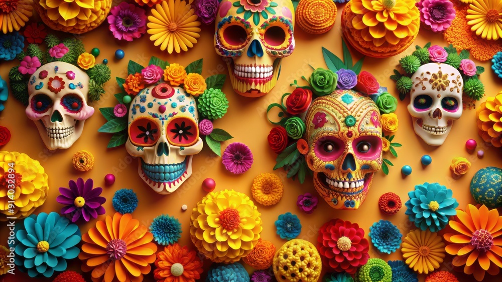 Vibrant paper craft background featuring colorful sugar skull motifs, marigolds, and festive decorations in traditional Mexican Day of the Dead style with ample copy space. Vibrant paper craft background featuring colorful sugar skull motifs, marigolds, and festive decorations in traditional Mexican Day of the Dead style with ample copy space.