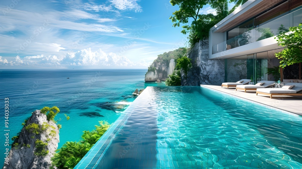 Fototapeta premium Infinity Pool Overlooking Pristine Cliffside Beach with Dramatic Scenic View