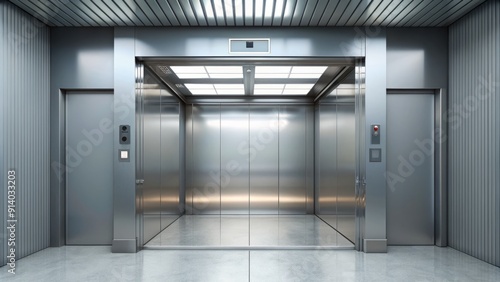 Sleek modern freight elevator with a spacious interior, featuring a two-section slide-up door design, stands empty and ready for cargo in a commercial building.