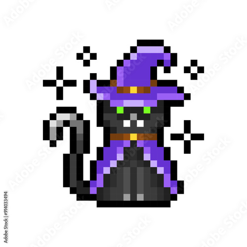 Black cat in wizard costume icon isolated on transparent background. Cute magic kitty character. Halloween celebration. Vector pixel art illustration in 16-bit old style.
